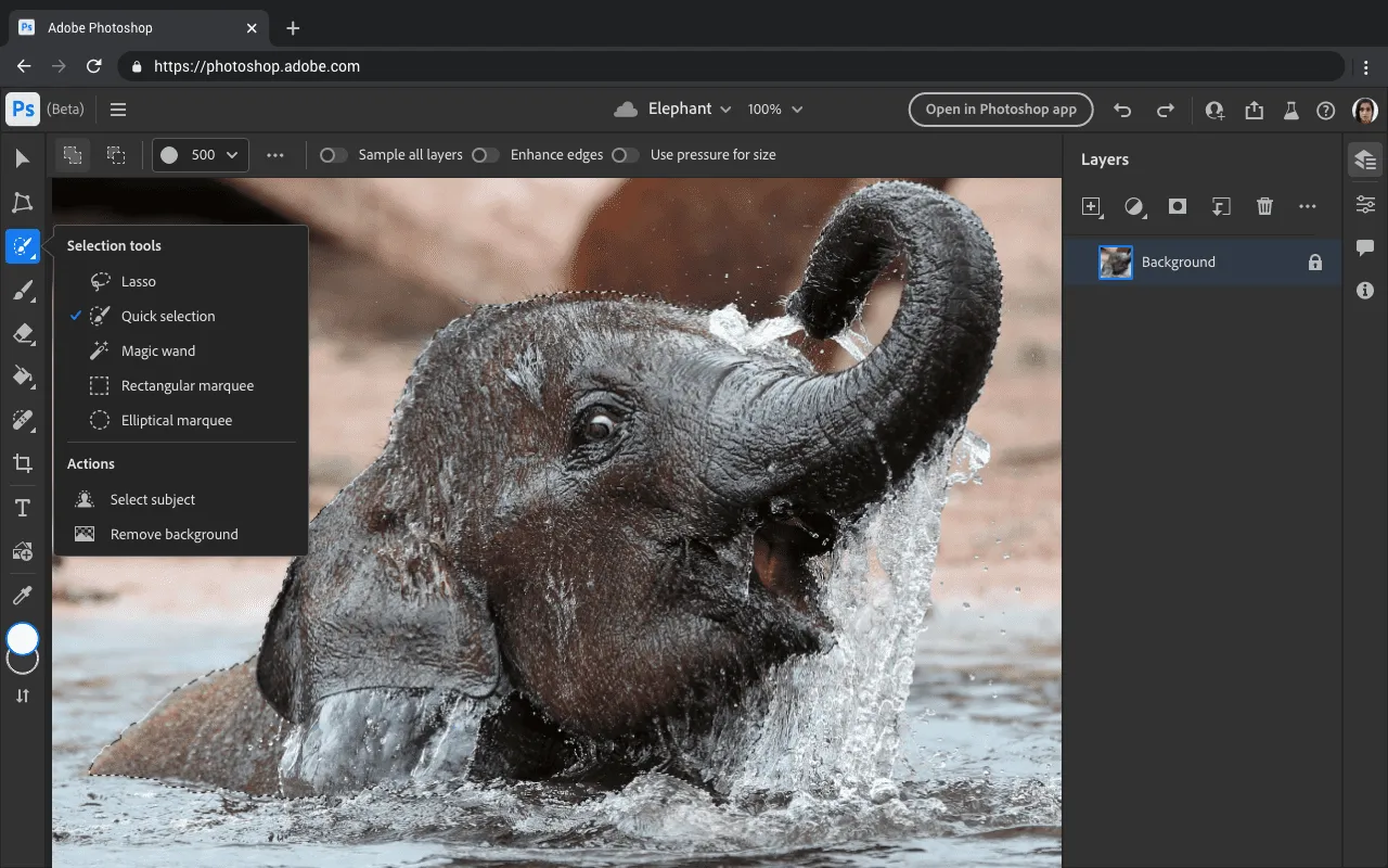 Screenshot of the Photoshop Web UI