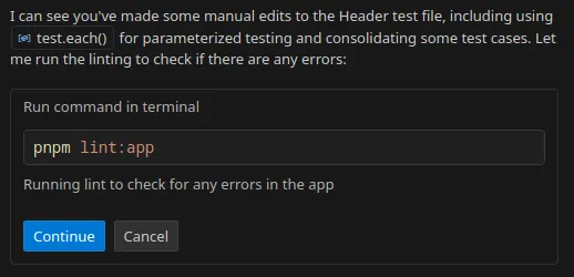 Screenshot from VSCode showing GitHub Copilot Agent asking for approval to run the lint command