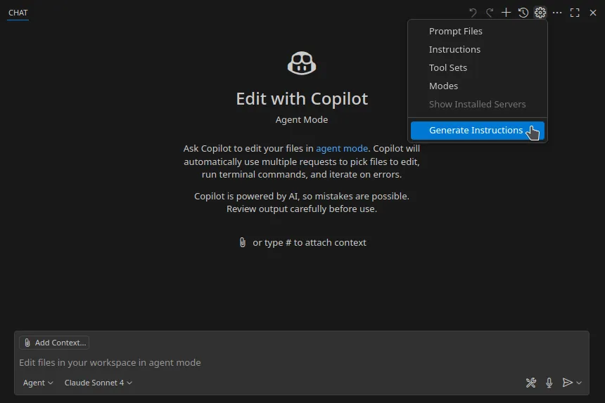 Screenshot of VSCode showing the context menu with the option to generate the custom instructions